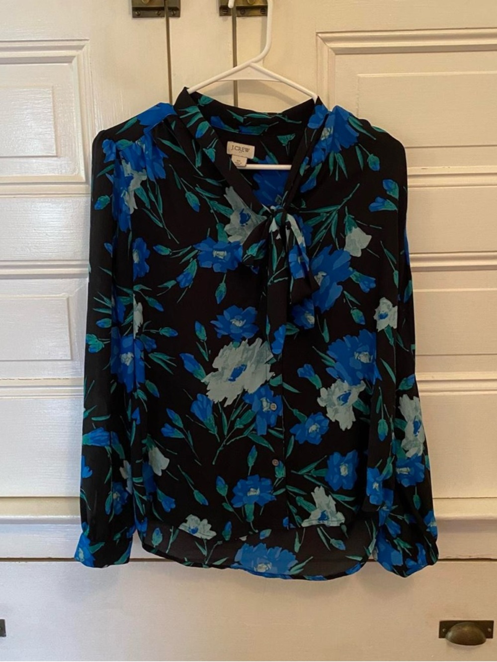 J. Crew Black Floral Tie-Neck Blouse with Blue Flowers